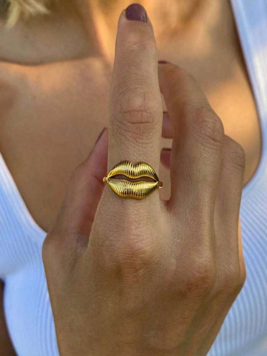 Anel de lábio chique para mulheres e meninas, banhado a ouro 18K, anel ajustável de aço inoxidável, joia engraçada, presente de amor