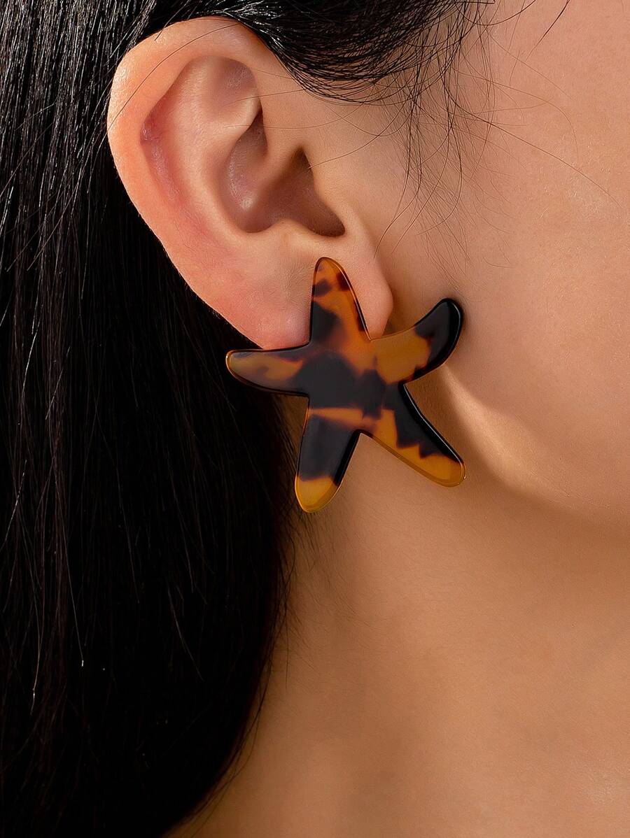 1 par de pendientes de aro con diseño de estrella de mar colorido y estampado de leopardo de acrílico, adecuados para mujeres