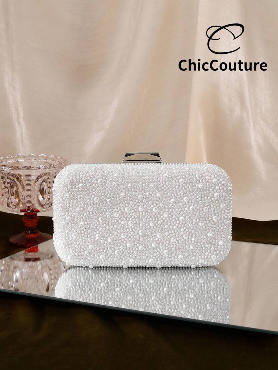 Women's Elegant Romantic Pearl Decor Mini Box Clutch Bag - Luxury Evening Purse, Vintage Formal Party Handbag Suitable For Weddings, Galas, Dances, Christmas Formal Events; Comes With Chain Strap