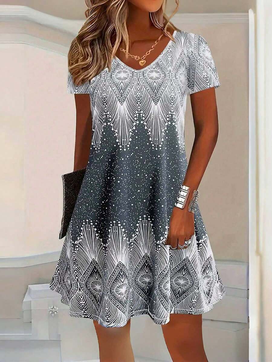 Women's Dress Summer Fashionable And Comfortable Flower Sun Print Skirt Beach Bohemian V-Neck Skirt