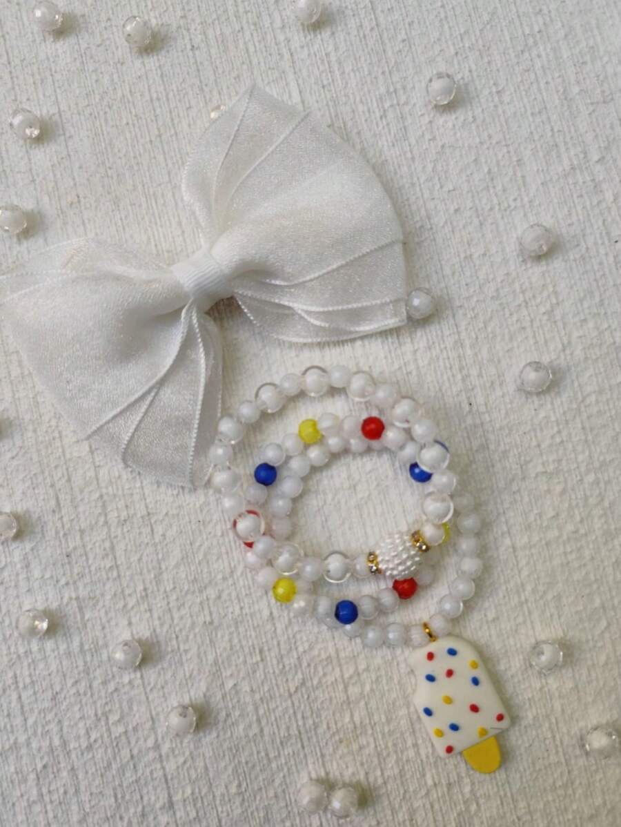 Kit 1 Laço + 3 Pulseiras p Criança Infantil Presilha de Cabelo Hair Clip Acessório Menina
