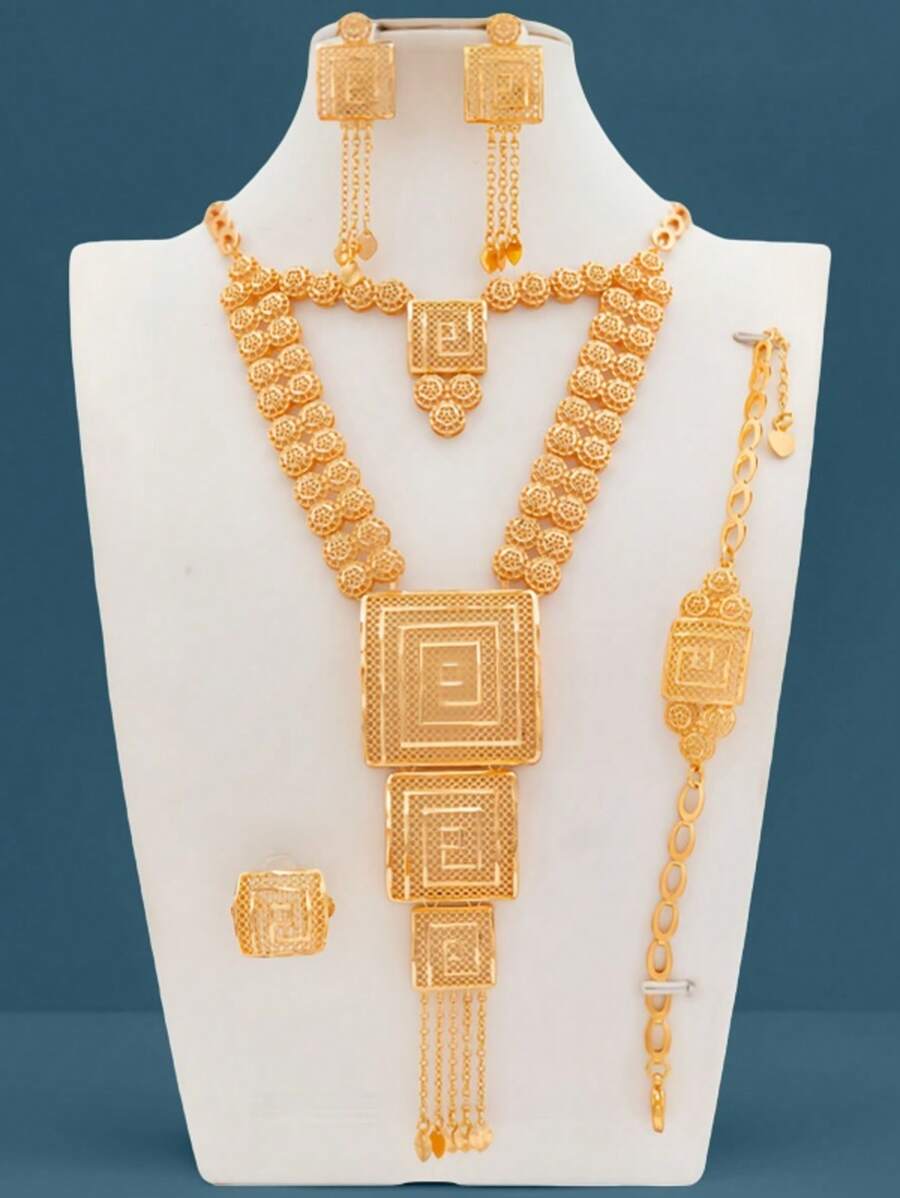 5 pièces Collier multi-couches carré géométrique, doré 18 carats couleur champagne, style romantique français de luxe de Dubaï. Convient pour les mariées, les mariages, les fêtes, les vacances, les cadeaux pour les amoureux, les mères