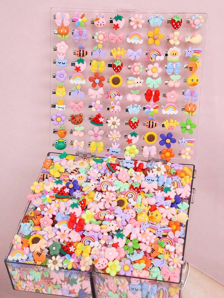 Paquete de 50 pinzas de pelo para niñas con diseños variados de frutas, animales, flores, arcoíris, estrellas y coronas. Accesorios de moda versátiles, aptos para uso diario.