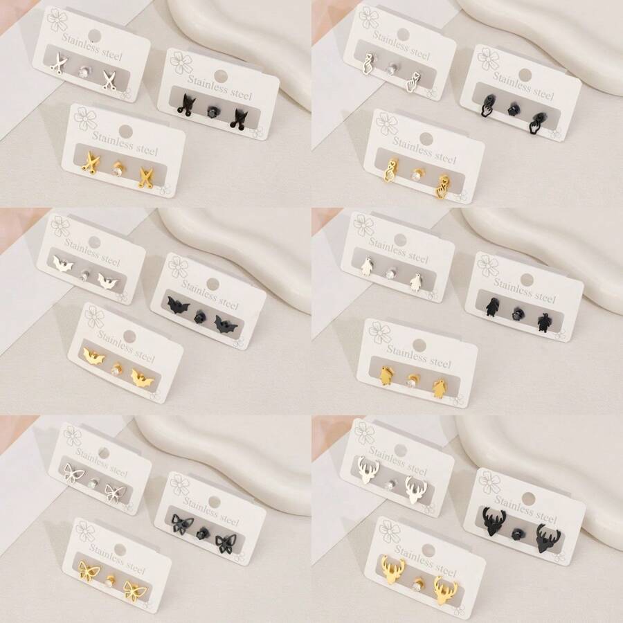 3 piezas Pendientes de mujer, de acero inoxidable, con diseño de murciélago, aptos para uso diario, pendientes de moda simple con diseño animal, regalo para festivales de mujer