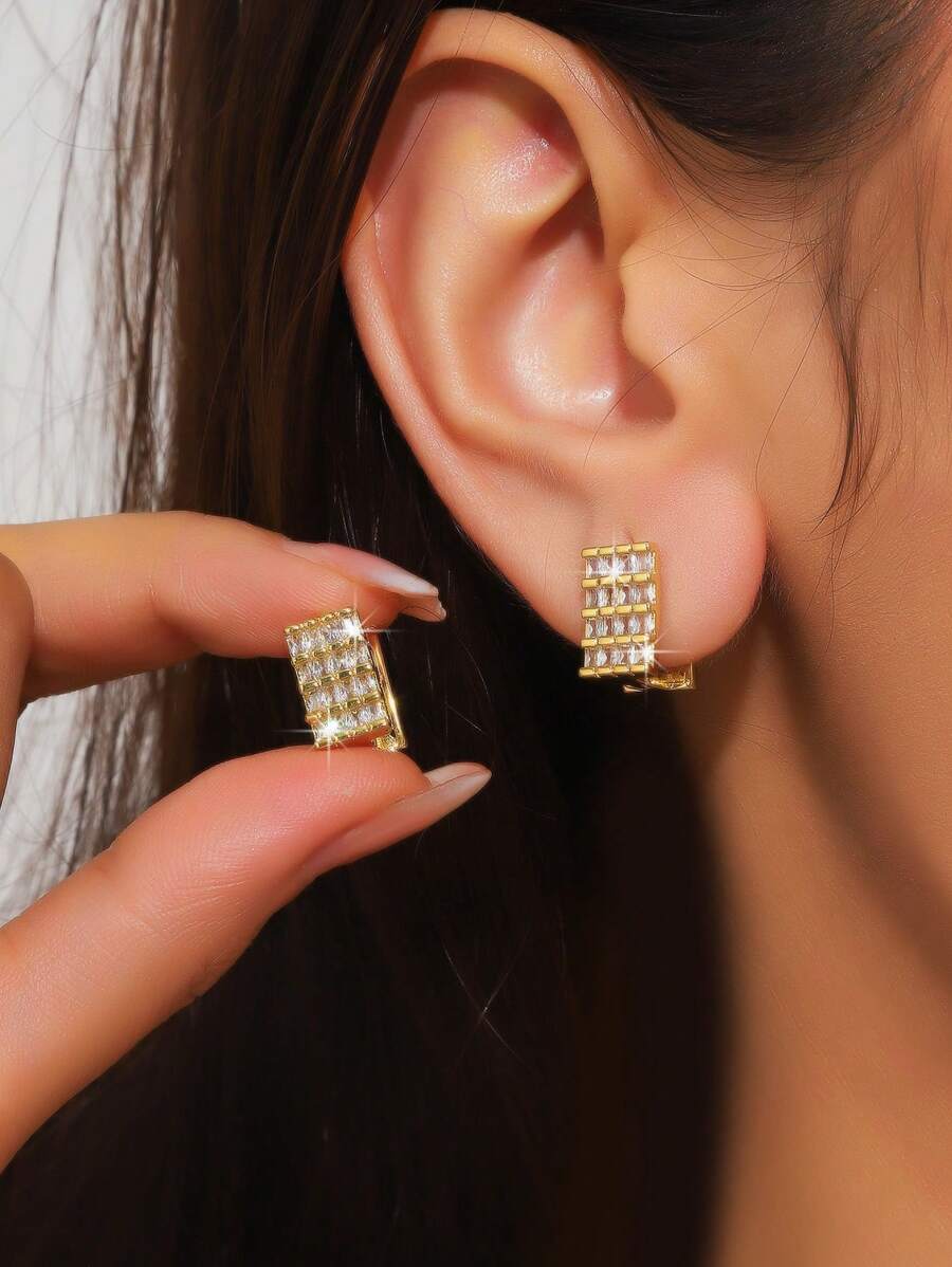 1 par de pendientes de aro geométricos cuadrados incrustados con circonita cúbica elegante para mujer, accesorios de moda de alta gama para citas, fiestas y bodas