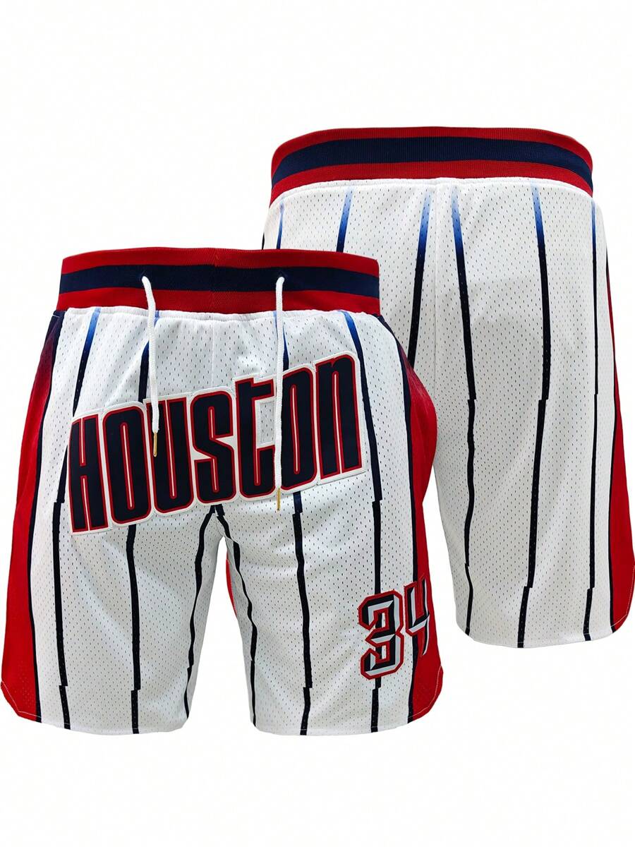 Größe 34 Herren gestreifte Basketball Shorts mit gesticktem Houston Buchstaben, klassische Retro Sportshorts mit Taschen, geeignet für Basketball, Baseball, Golf, tägliches Training, Laufen, Strand
