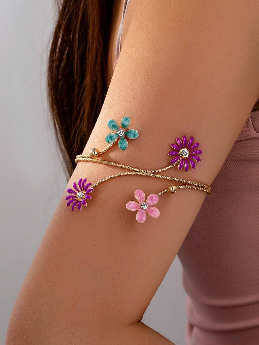 1 pieza Nuevo brazalete de verano de alta gama con incrustación de goteo de aceite y pequeña flor, adecuado para uso diario y vacaciones de las mujeres