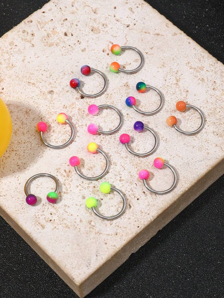 11pcs Stainless Steel Non-Allergic Rainbow Dual Color Ball Lip Rings, Horseshoe Shaped, Fashion , Nose Piercing Red Color Must-Have Nose Rings, Unisex Earrings For Daily Wear, Suitable As Gifts