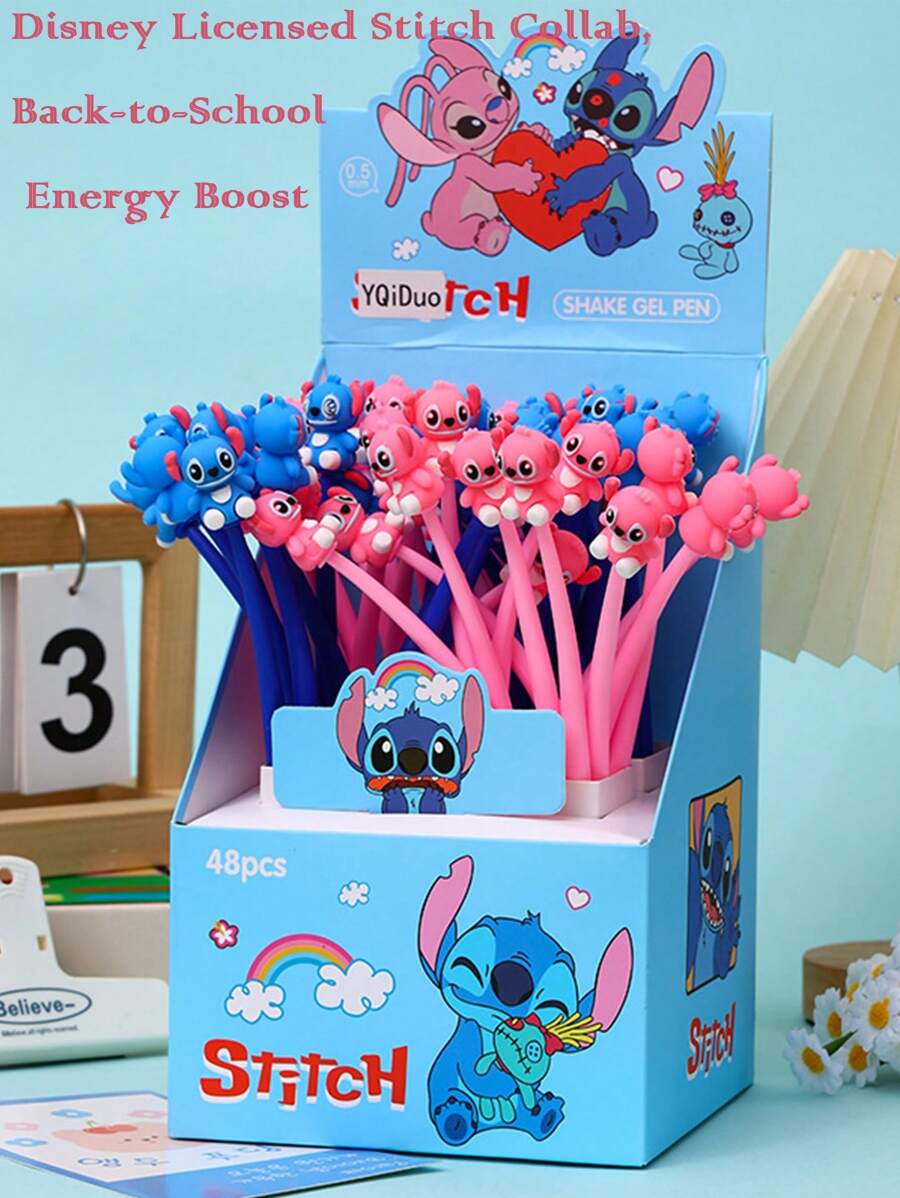Disney 48pcs Disney Authorized Back-To-School Essential Stitch Blue Squishy Wobble Cartoon Pen - Soft Gel Stress-Relief Design With 0.5mm Smooth Black Ink, Dual Function Decor & Writing Tool, Cute Study Companion For Creative Organization, School Supplies,Back To School