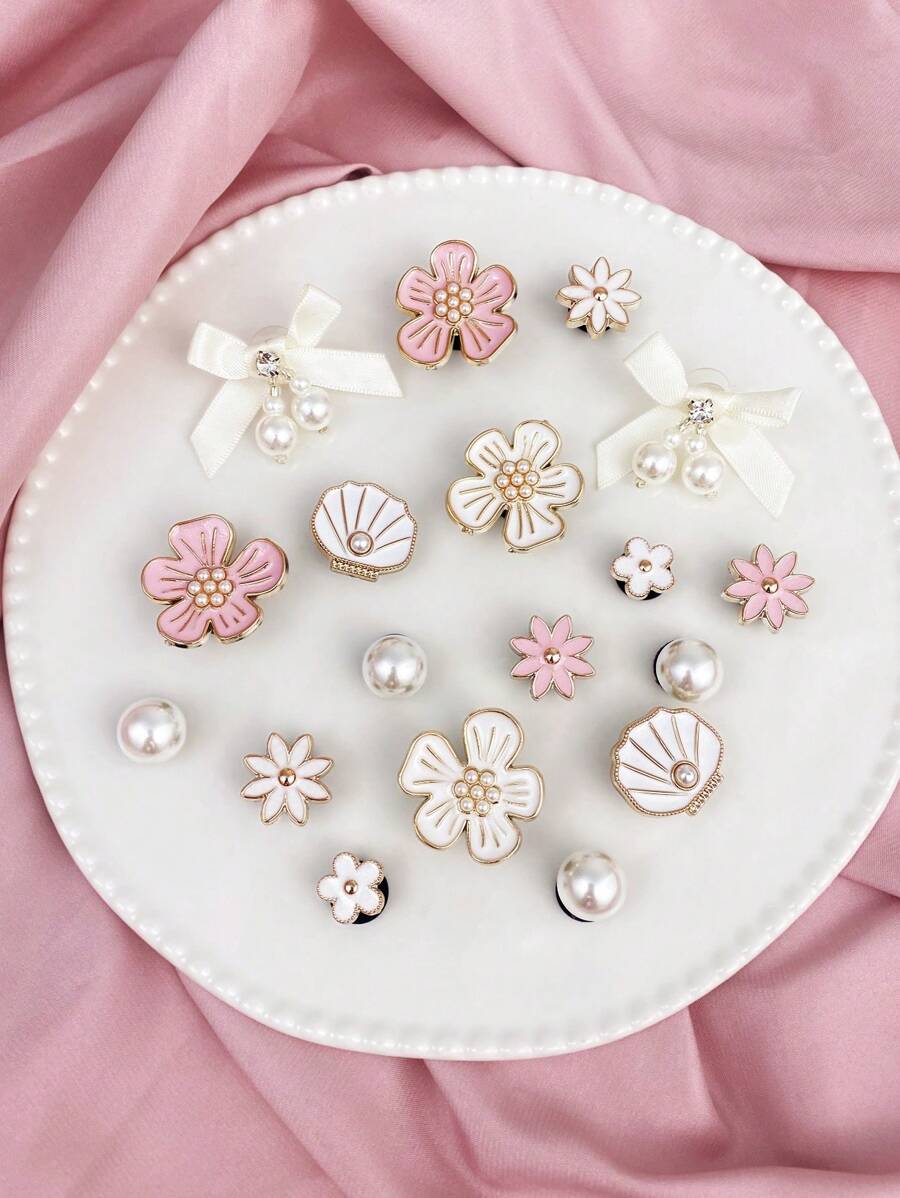 18pcs White ABS Pearl Bow, Pink ABS Pearl Flower, White ABS Pearl Shell, Flower, ABS Pearl Shoe Clips DIY Decorative Accessories, Suitable For Women's Sandals, Slippers, Beach Bags, Ideal Gift For Holidays And Birthday Parties