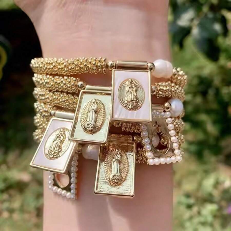 1pc Gold Beads Bracelets Virgin Mary Bracelet For Women Men Pearl Bracelets