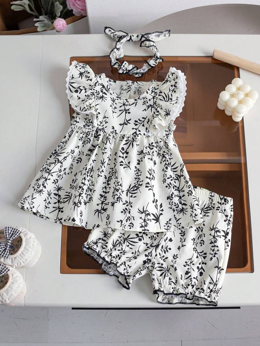 3pcs/Set Baby Girl Princess Style Summer Outfit, Includes Sleeveless Dress, Top And Pants With Headband