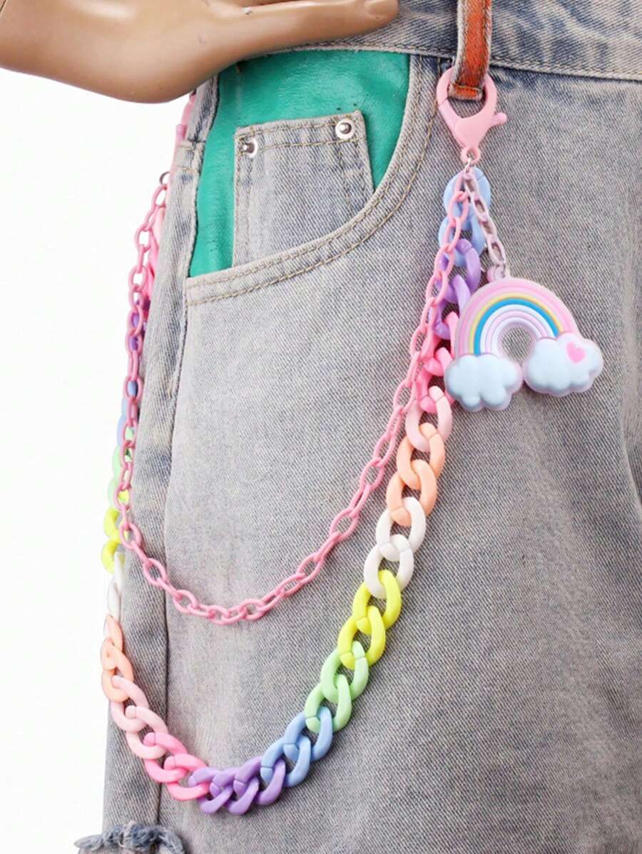 1 pezzo Nuova catena per vita colorata con ciondolo arcobaleno, catena per pantaloni in resina a forma di mostro - accessorio retrò in argilla soffice con ciondolo, accessorio perfetto da abbinare a jeans o zaini per studenti