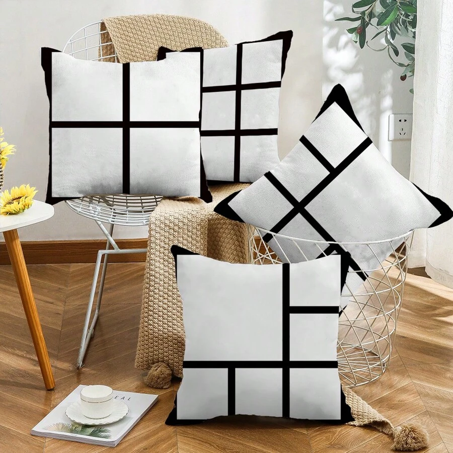 4pcs Set Modern Square Pattern Throw Pillow Covers, Soft & Skin-Friendly Polyester, Contemporary Style Home Decor For Living Room Sofa, 18"X18", Zippered Design - Inserts Not Included