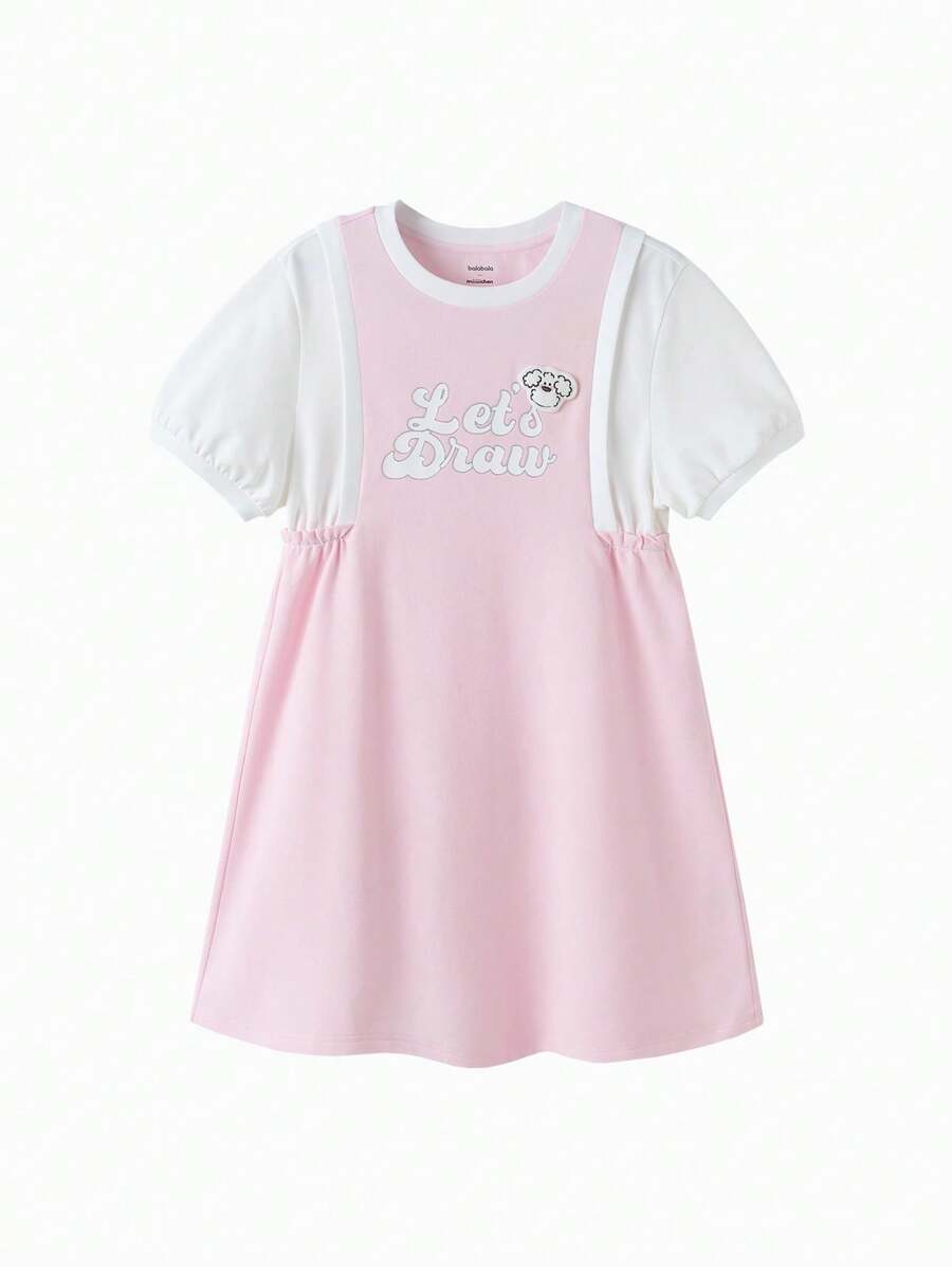 Balabala Tween Girls' Summer Letter Print 2 In 1 Puff Sleeve Casual Dress