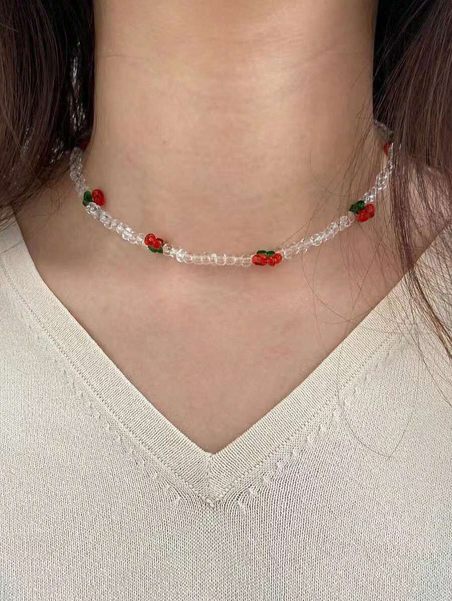 1 peça Colar Versátil Feminino de Contas Transparentes de Cereja, Fresco e Elegante