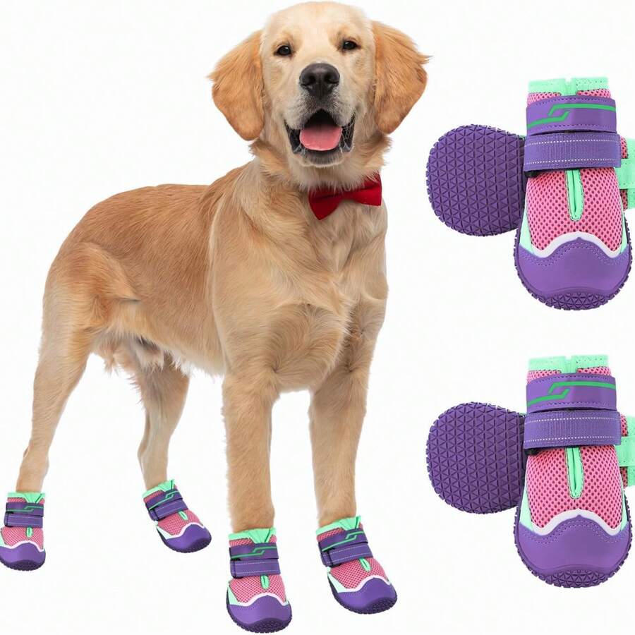Dog Shoes For Hot Pavement, 4 Pack Breathable Dog Boots& Paw Protectors, Outdoor Dog Booties For Hardwood Floors, Reflective Dog Shoes Large Size Dogs