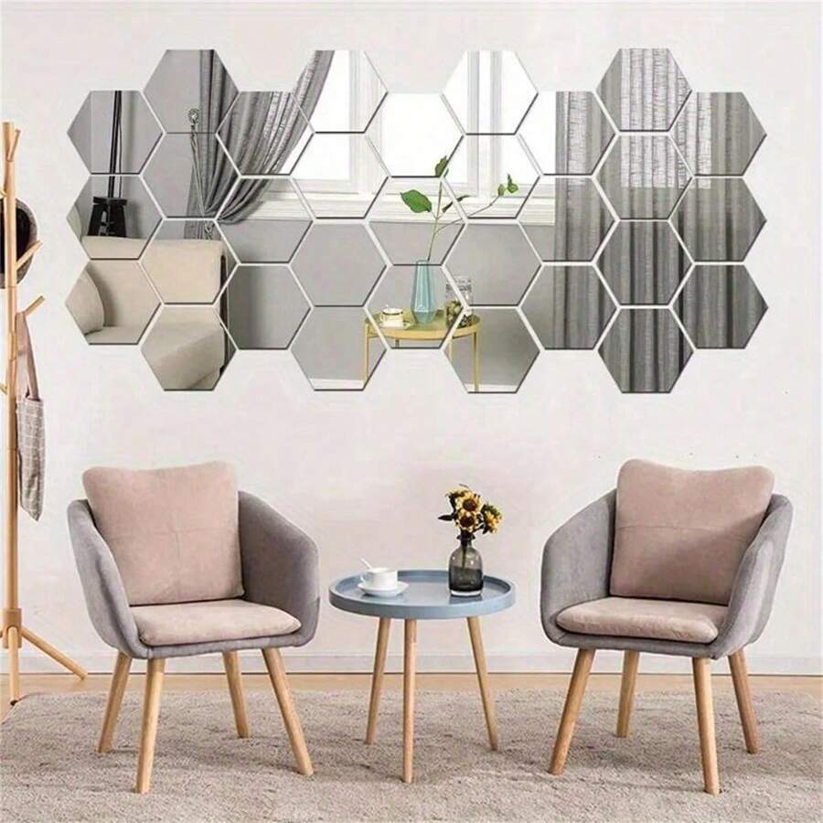 12/24/48pcs Hexagon Acrylic Mirror Wall Stickers, Removable Decorative Mirrors, Self-Adhesive Hexagonal Shaped Art Ornaments For Home Decor Wall Decor Room Decor Personalised Stickers