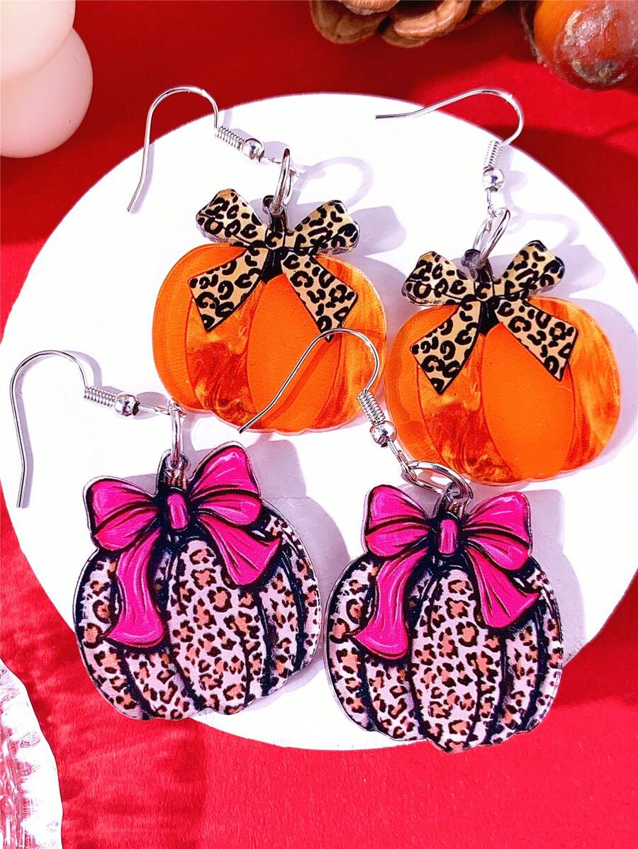 1 Pair Charming Leopard Bow Ribbon & Pumpkin Acrylic Drop Earrings, Perfect Thanksgiving Gift, Cute Holiday Style For Daily Wear, Women