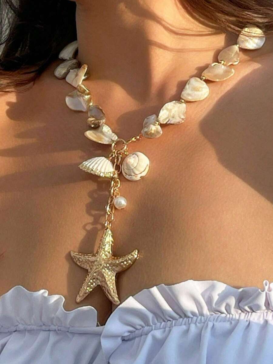 Bohemian Style Vintage Ocean Element Luxury Beaded Necklace And Bracelet Set, Metal Starfish Pendant Faux Pearl Collarbone Necklace For Women, Daily Wear And Beach Vacation Decoration, Gift Jewelry Set. Shell Shape Pattern Color Random.