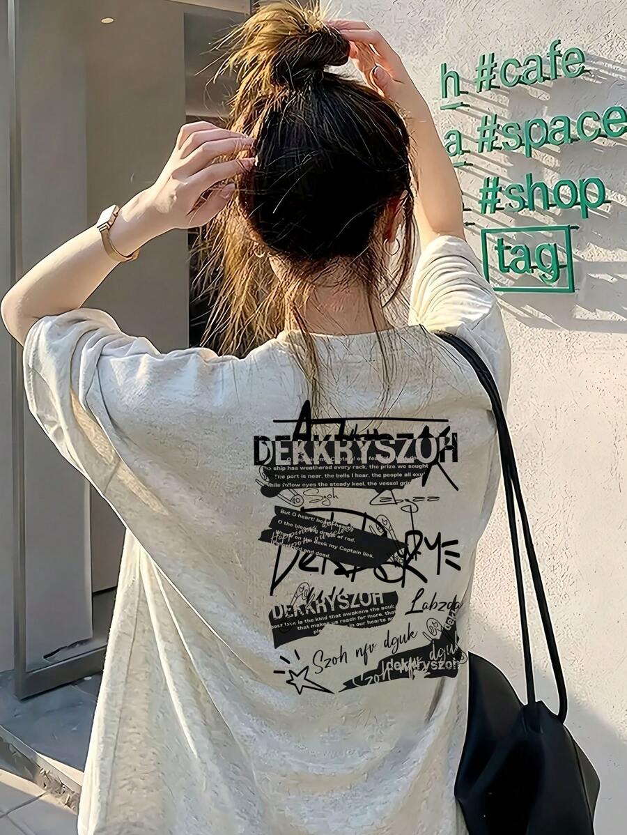 Women's Loose Black Printed T-Shirt - Short Sleeves, Loose Fit, Machine Washable, Japanese Text, Panda Pattern Design