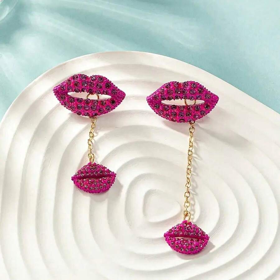Brincos de pino vintage minimalistas em formato de lábio com strass, brincos longos pendurados exclusivos em estilo europeu criativo, design versátil