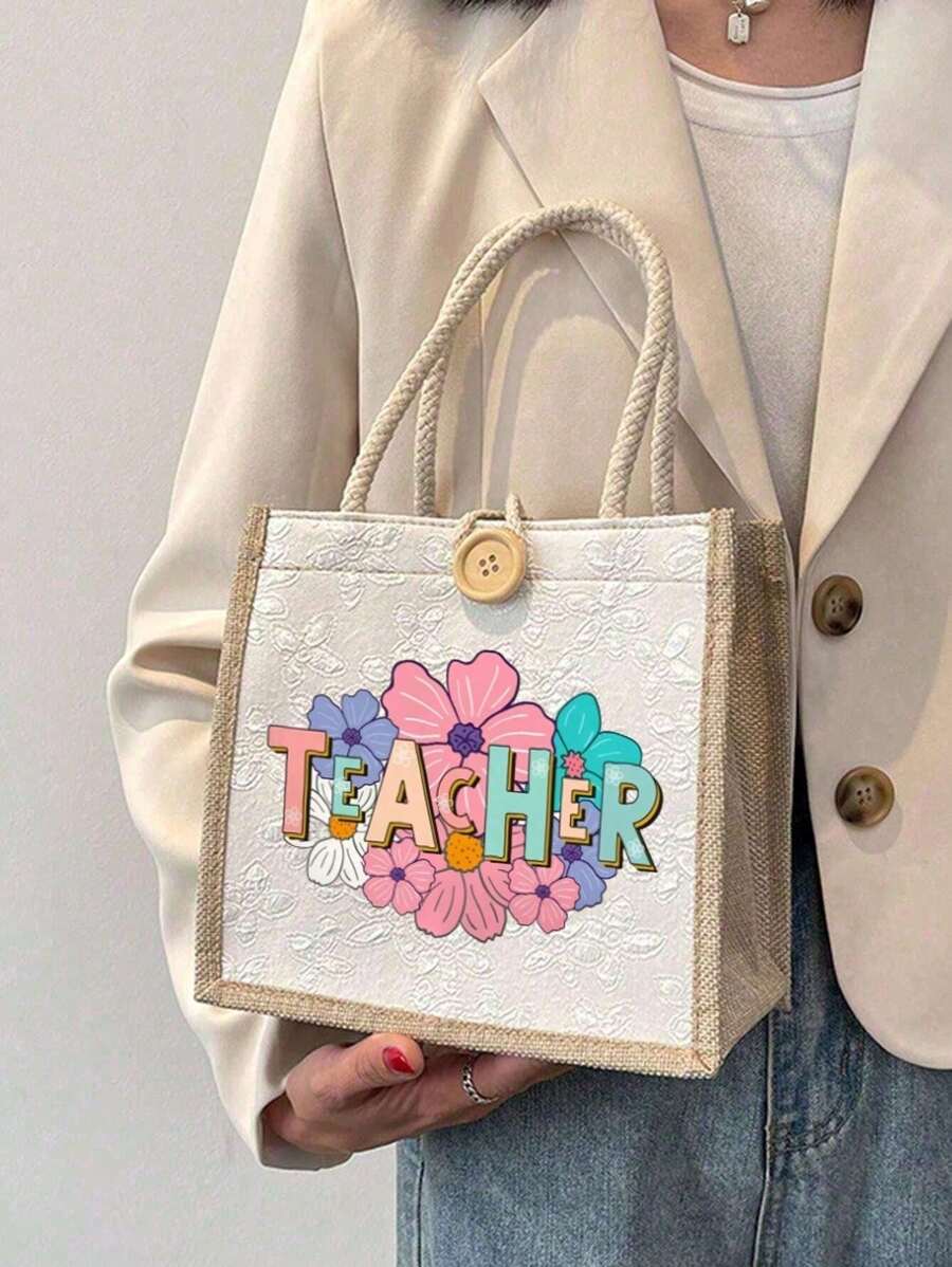 1pc Best Teacher Ever Letter And Flower Print Linen Tote Bag, Reusable Printed Women'S Tote Bag, Double Handle Shopping School Bag, Large Capacity Shoulder Bag, Casual Tote Bag, Christmas Storage Bag, Suitable For Commuting, School And Shopping, Convenient For Outdoor Use, Gift For Friends And Besties, Teacher Gift, Perfect Choice For Vacation And Festival, Best Teacher Christmas, Thanksgiving Gifts, Thank You Teacher Gifts