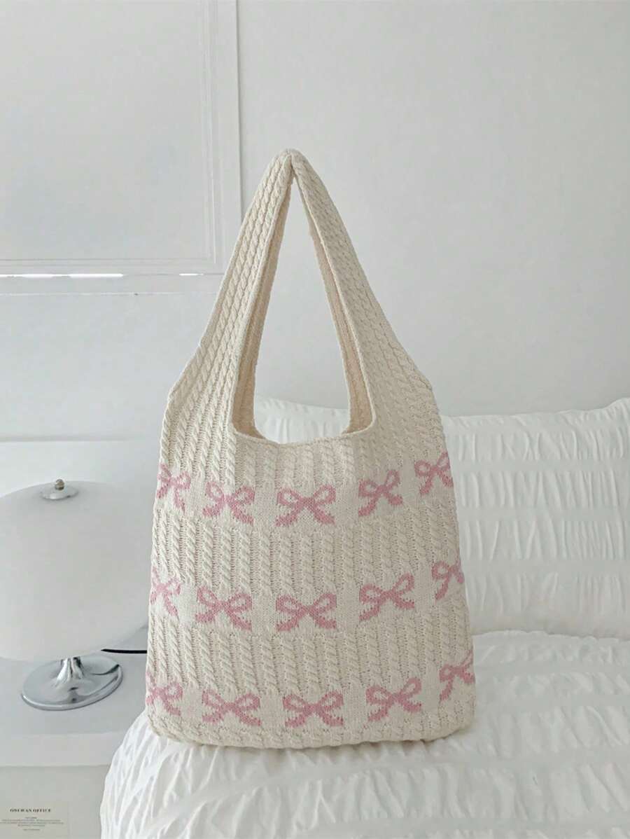 Colorblock Bow Design Crochet Tote Bag, Large Capacity Multi-Function Commuter Knit Hobo Bag, Fashion Women's Casual Shoulder Bag, Y2K Gifts, Vacation, Beach Bag, Mother's Day & Wedding/Bridesmaid Gifts