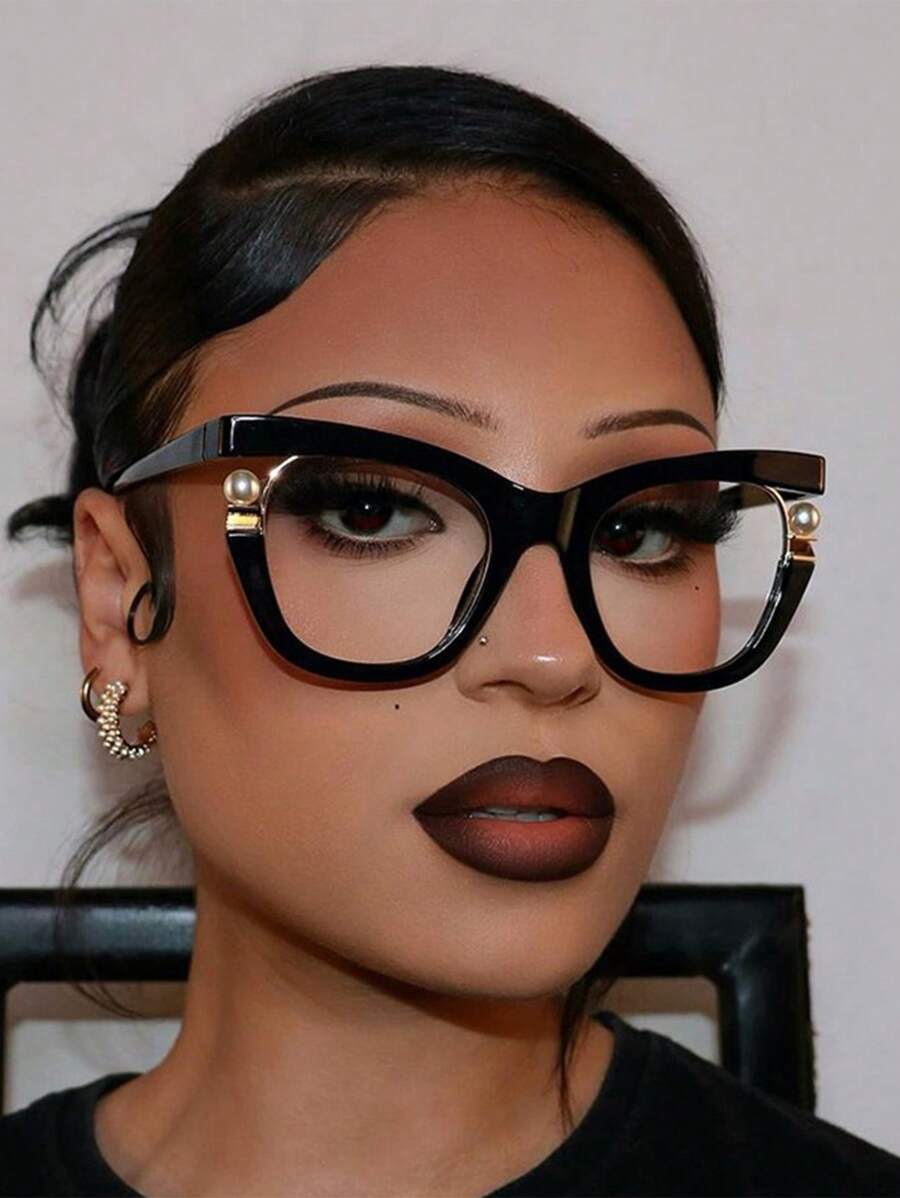 1 pereche ochelari unisex asimetrici cu decor de perle Cat Eye, potriviți pentru computer, jocuri, TV, smartphone, lentile transparente, protecție pentru ochi
