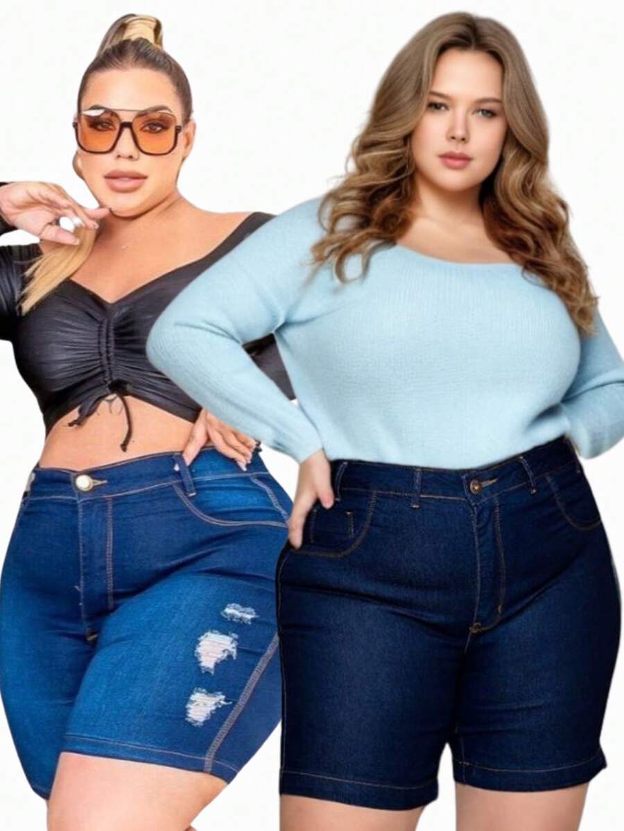 Kit 2 Bermudas Feminina Plus Size Jeans Com Lycla (Elastano) Modelo Meia Coxa