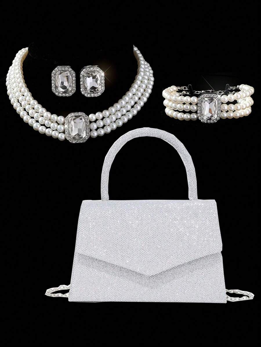 4 Peças Bolsa Feminina Multifuncional de Grande Capacidade, Bolsa de Festa, Bolsa de Ombro com Corrente, Colar de Pérolas de Luxo, Pulseira, Brincos, Joias de Festa