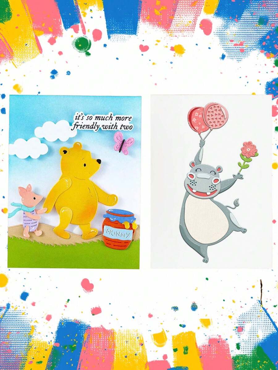 1 Pc "Bear And Honey Pot","Cartoon Hippo" Metal Scrapbook Die For DIY Scrapbook Art, Albums, Journals, Greeting Cards Embossed Paper Crafts Decorative Greeting Cards Scrapbook Template