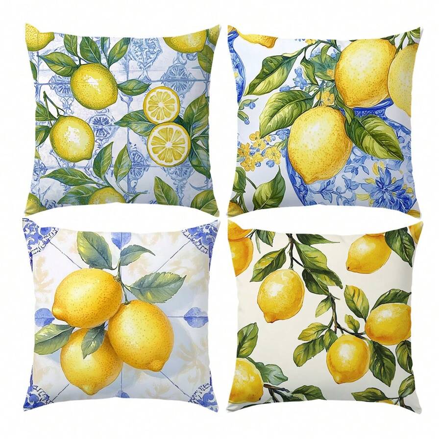 4 pièces Set de housse de coussin thème citron bleu d'été, imprimé sur un seul côté en velours pêche, 45*45CM/18*18 pouces, pour la décoration d'un canapé moderne, la décoration de fête, un cadeau