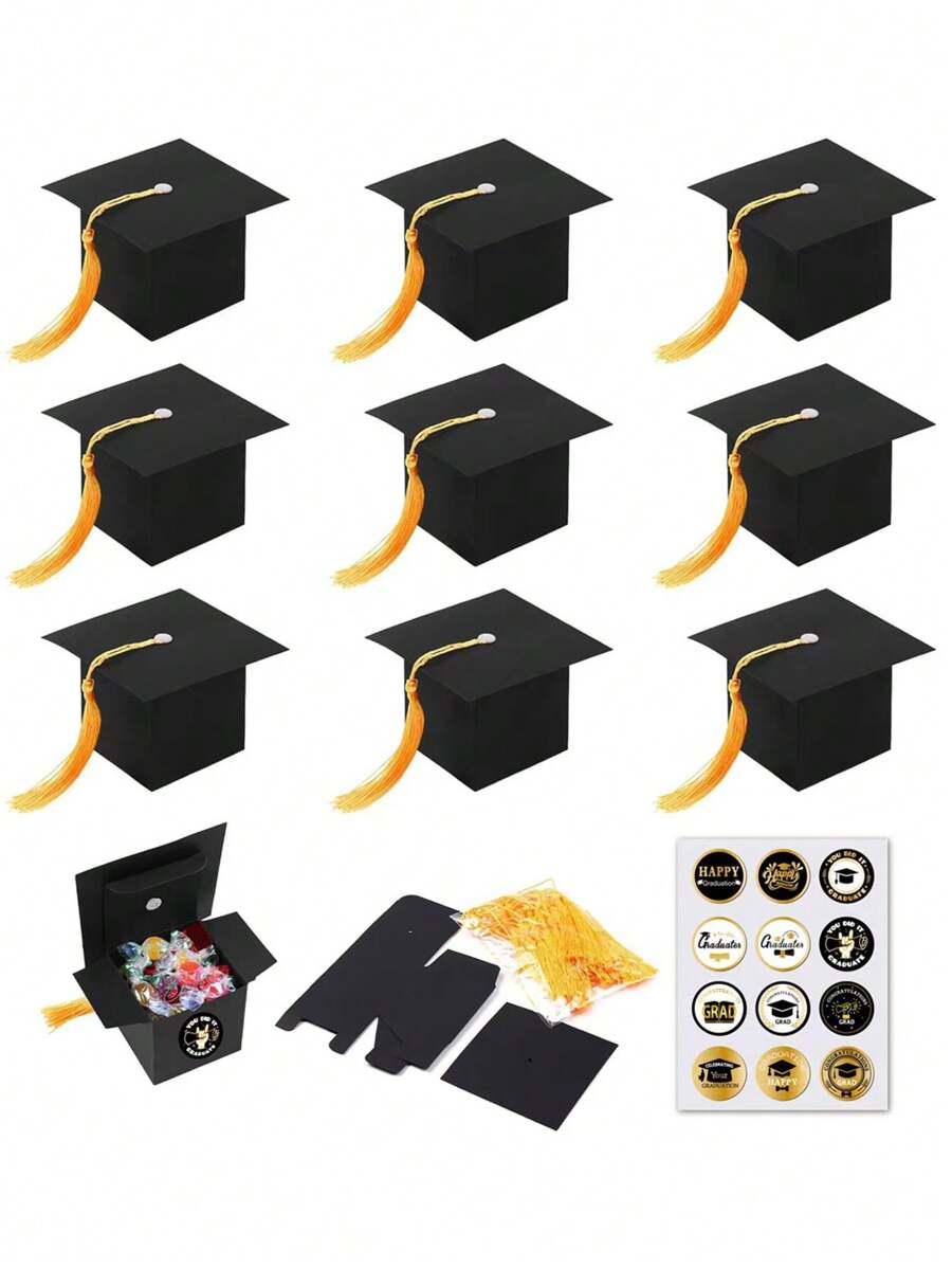 9 peças Caixa de Doces Criativa de Formatura (com adesivos), Lembrancinhas de Festa de Formatura, Caixa de Presente de Formatura 2025, Decoração de Centros de Mesa de Formatura com Borlas, Adequada para Cerimônia e Festa de Formatura