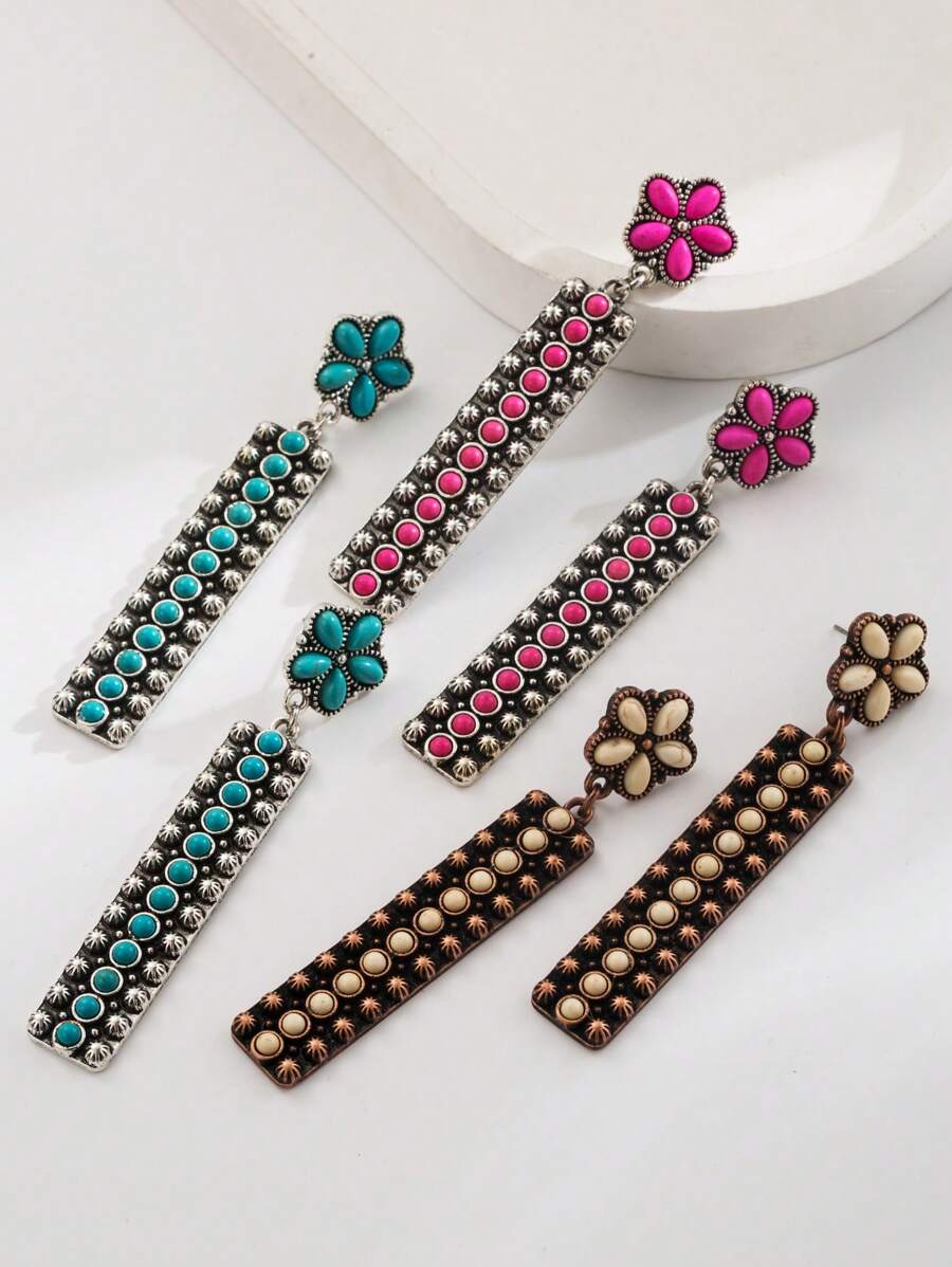 1 Pair Women's Vintage Inlaid Turquoise Long Dangle Earrings, Suitable For Banquet Wear