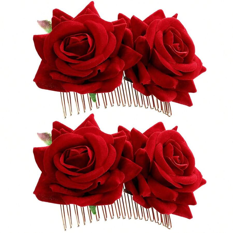 1 Stück Rosen Blumen Haarclip für Frauen, Rosen Blumen Haarzubehör, Hochzeit Haarclip für Flamenco Tänzerin (Rot), Seitenkämme, Schulsachen