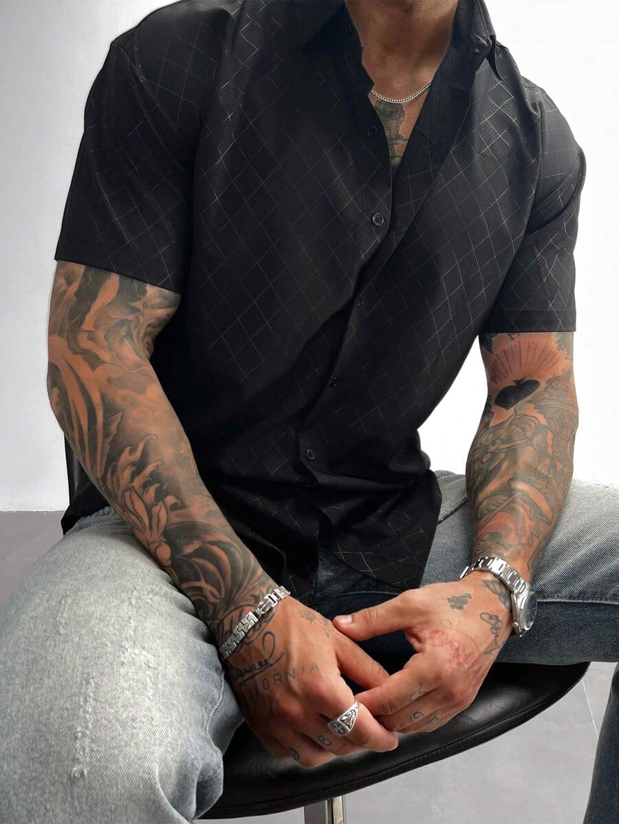 Men's Dress Shirts,Solid Color Geometric Diamond Check Short Sleeve Shirt,Button-Down Business-Casual Shirts With A Regular Fit, Which Are Highly Suitable For Wearing At Wedding Parties, At Work Or In The Office,For Father's Day Gift