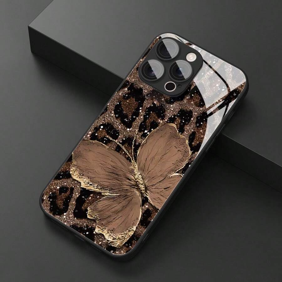 1pc Luxury Butterfly & Leopard Patterned Glass Material Phone Case, High-End Elegant For IPhone