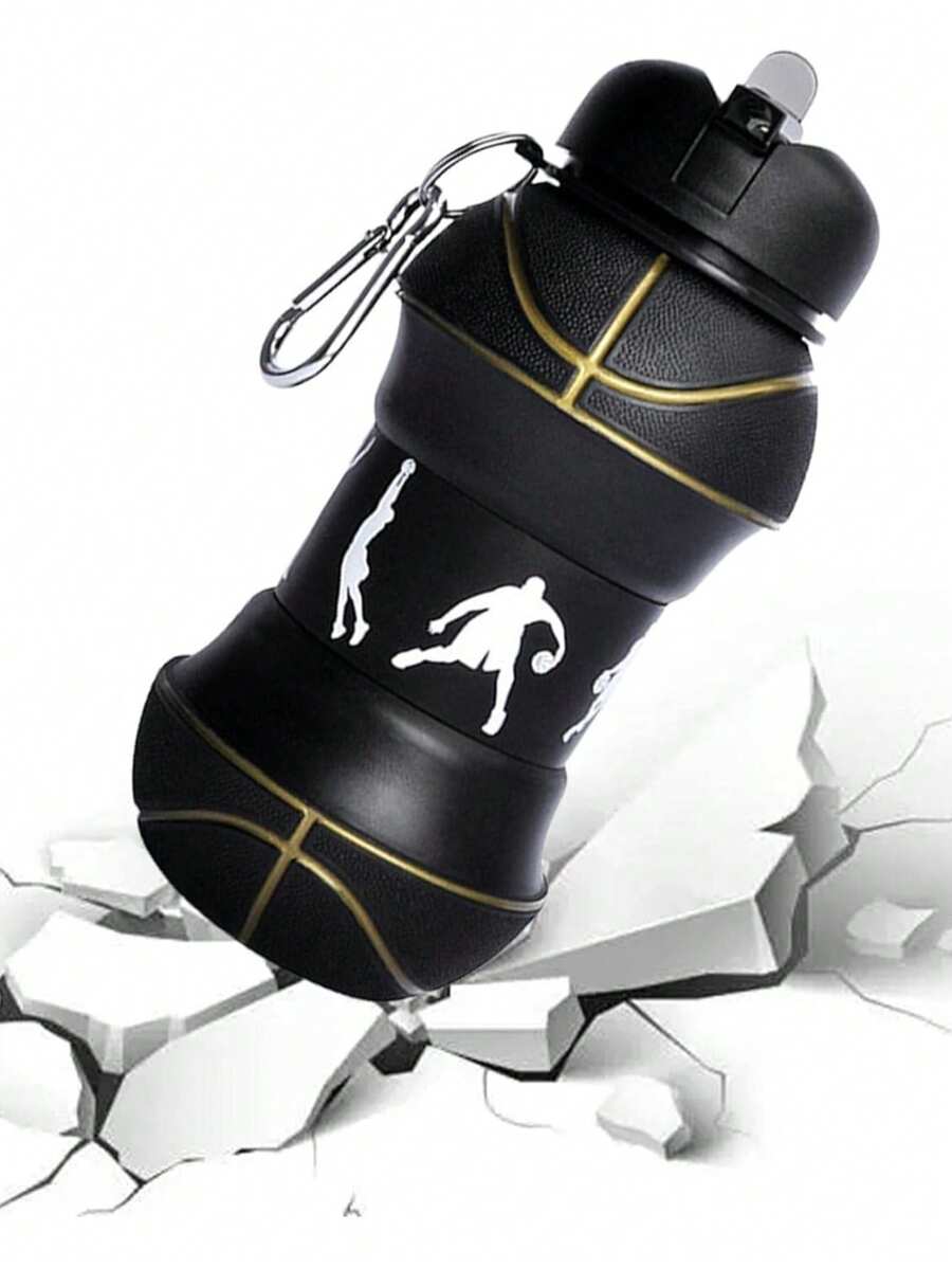 Basketball Collapsible Water Bottle 550ml - Foldable Silicone Sports Cup With Carabiner, Leakproof Travel Water Bottle For Gym, Hiking, Camping, Outdoor & Basketball Fans (Black Gold)