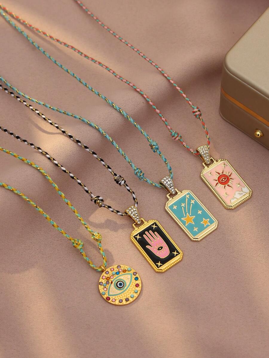 1pc Boho Tarot Card Demon Eye Braided Adjustable Necklace Pendant Suitable For Daily Wear, Travel, Holiday Gift