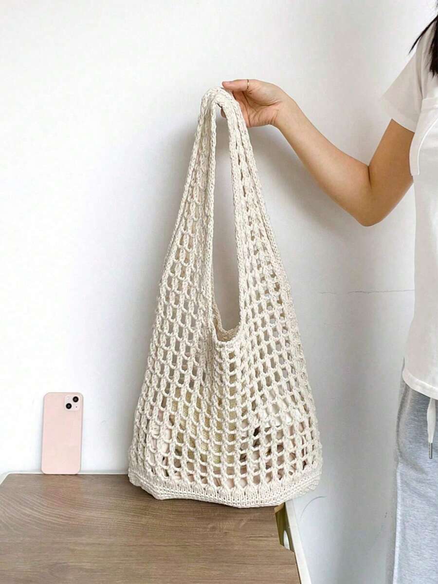 Fashion Hollow Out Knitted Women Tote Bag, Casual Simple Large Capacity Handbag, Portable Ladies Shopping Bag, Suitable For High School/College Students, Outdoor, Travel, Beach, Mother's Day Gift