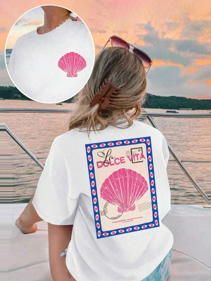 1 pièce T-shirt graphique à manches courtes et col rond décontracté pour filles, tenue estivale d'étudiante - motif coquillage et tampon, conception artistique de T-shirt inspirant l'imagination et l'expression de soi