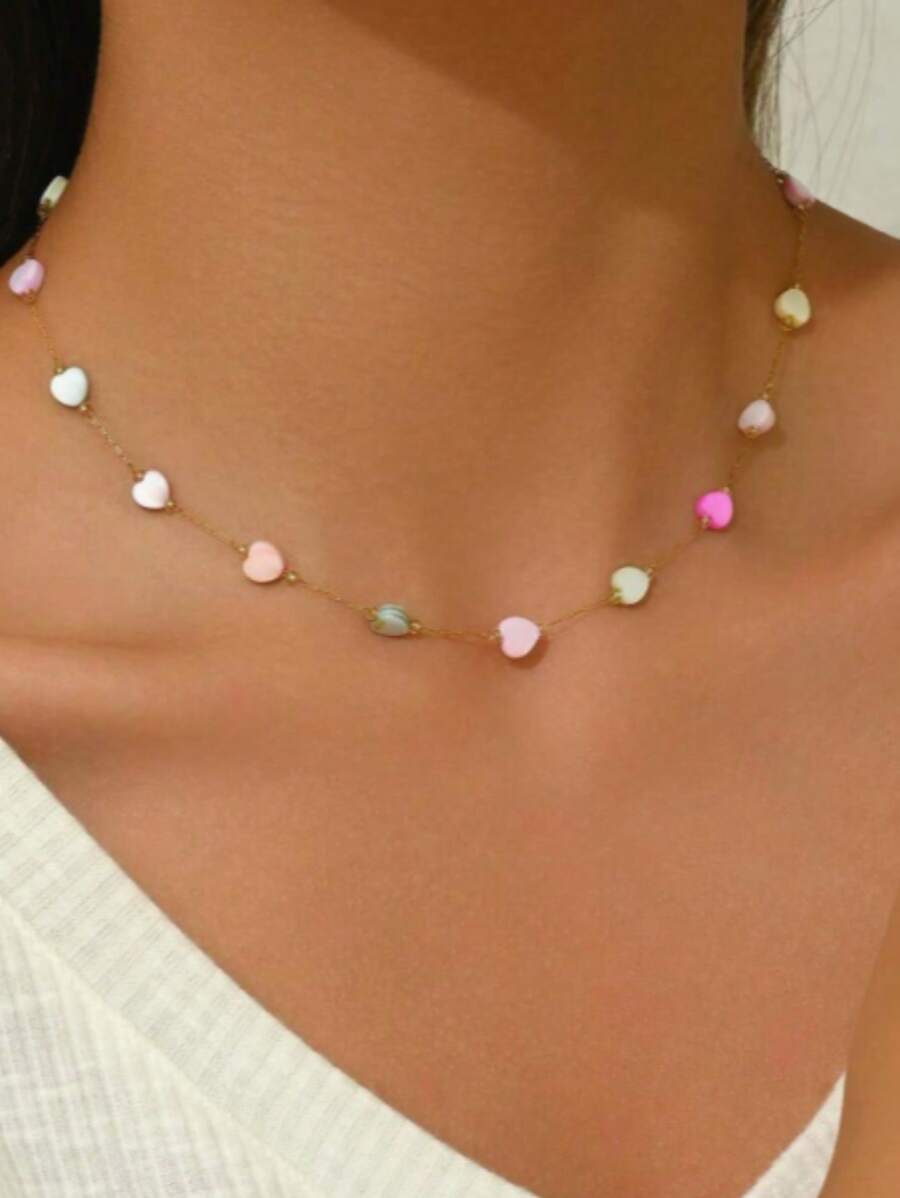 1pc Cute Heart Shaped Stainless Steel Beaded Necklace, Suitable For Date Wear Or As Valentine's Day Gift For Lover