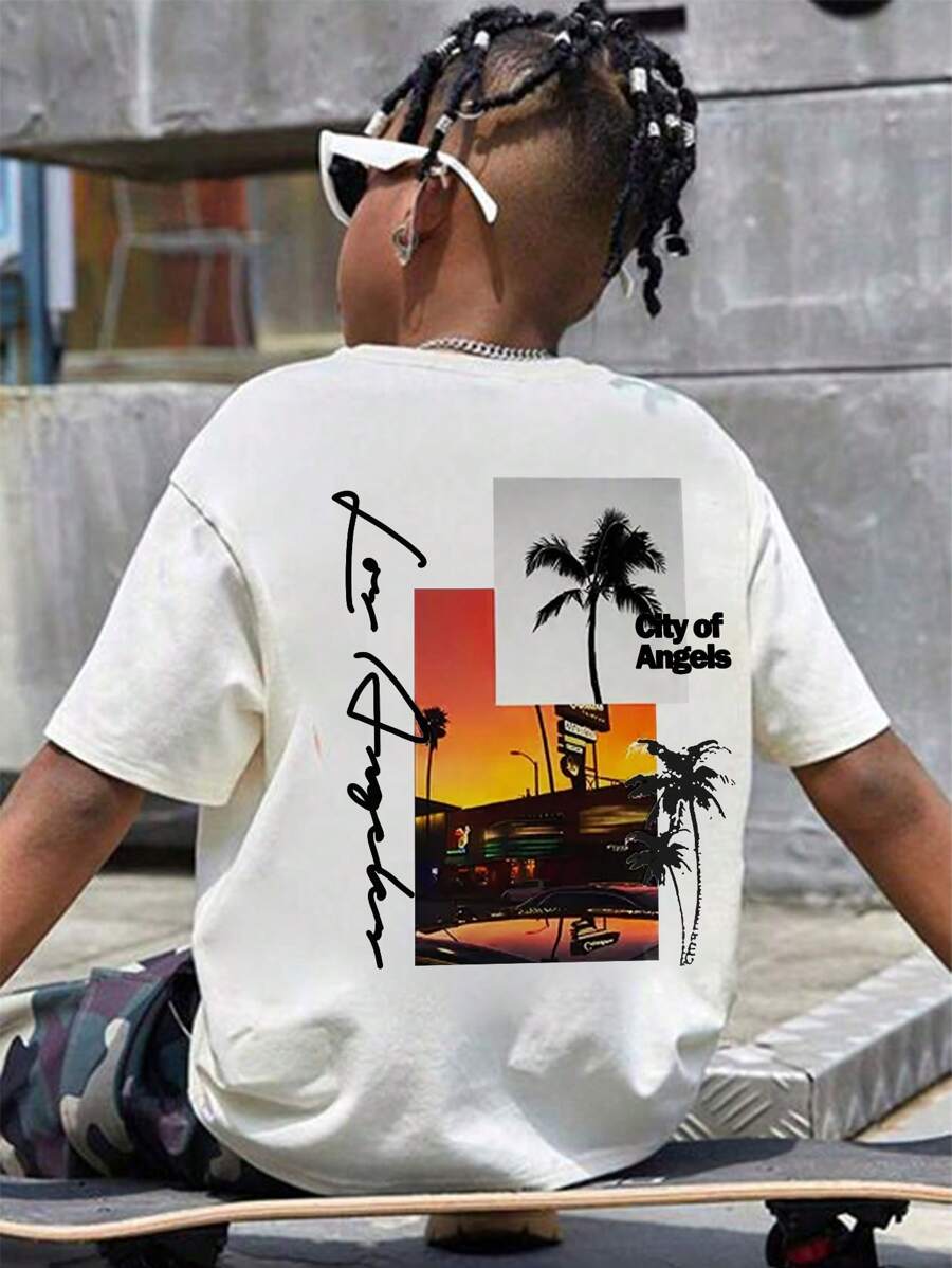 1 pieza Camiseta de manga corta con estampado de palmera blanca y puesta de sol, apta para niños y adolescentes, camiseta de verano, para estudiantes jóvenes