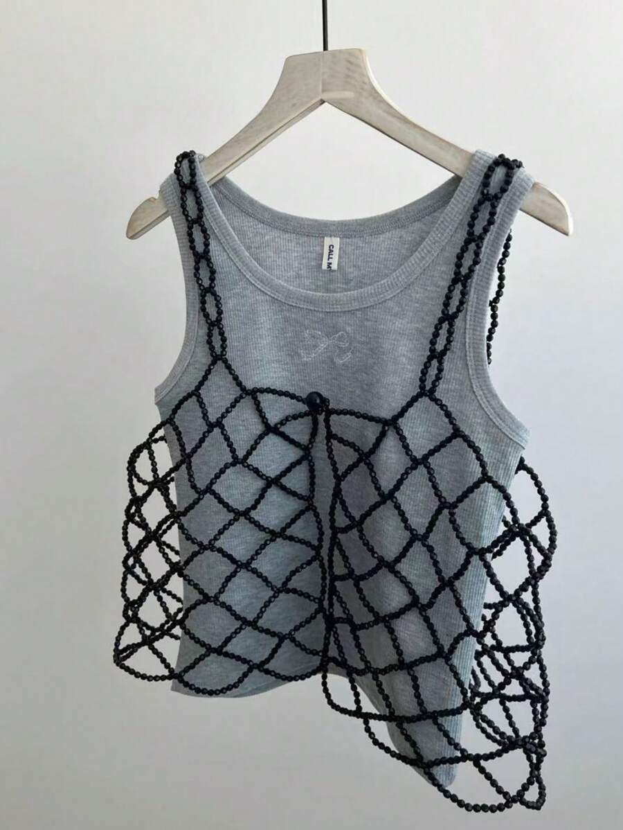 1 pezzo Top con spalline in stile francese impreziosito da perle, dolce e carino, top bianco con perle, prodotto di moda per donna
