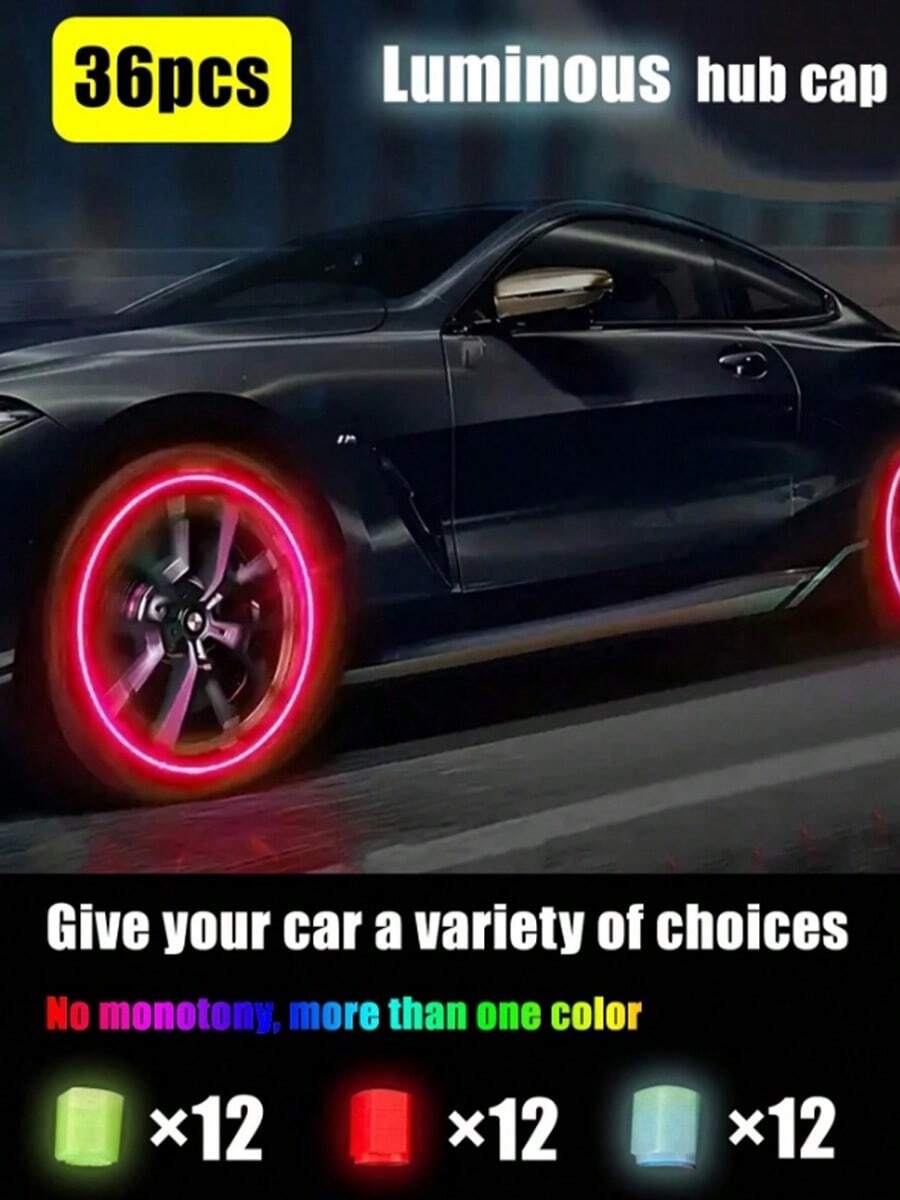 36 pièces Enjoliveurs lumineux pour automobiles tricolores (vert *12, bleu *12, rouge *12), bouchons de valve de pneu lumineux, cache-moyeux lumineux pour motos et vélos