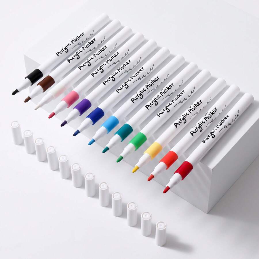 12 stuks acrylverfmarkers - fijne punt, permanente pennen voor hout-, glas-, textiel- en steenbewerking - ergonomisch ontwerp - ideaal voor volwassenen en studenten - perfect als verjaardags- en kerstcadeau, voor de start van het nieuwe schooljaar