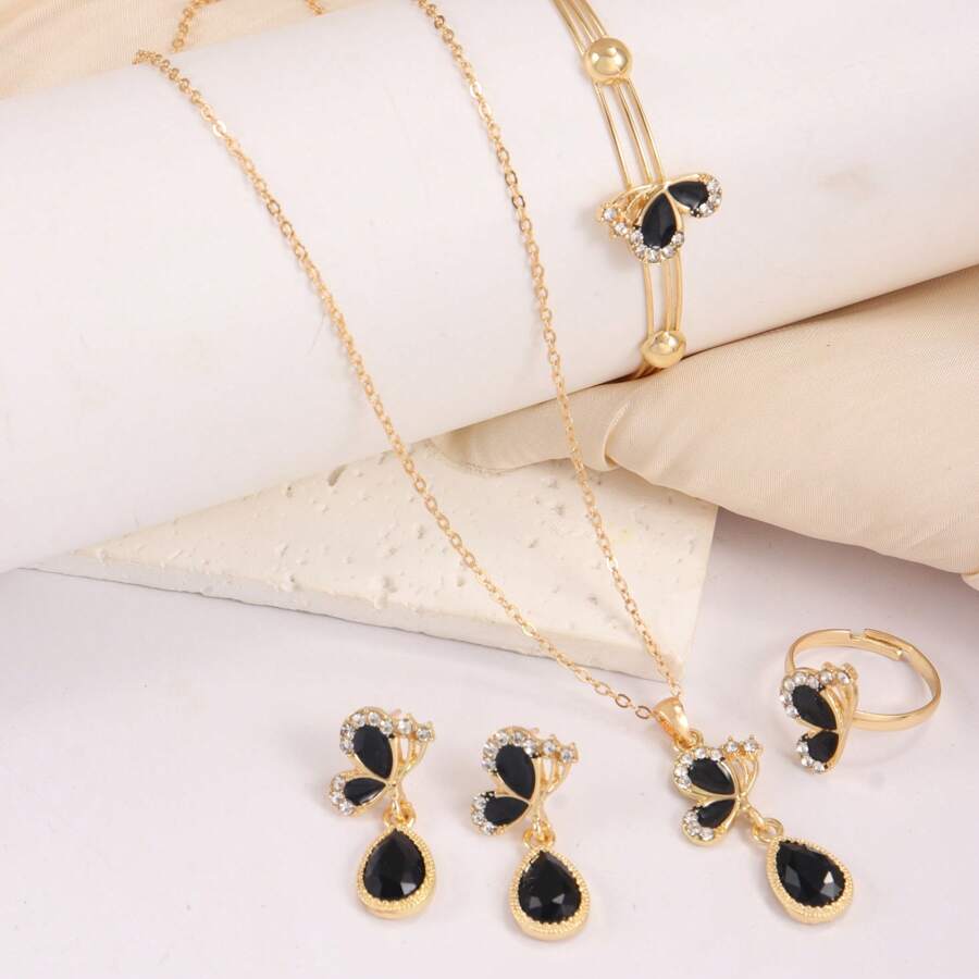 5 Stücke Schmetterling Quasten Kunstkubikzirkonia Schmuckset für Frauen: 1 Kette + 1 Armband + 1 offener Ring + 1 Paar Ohrringe, geeignet für den täglichen Gebrauch, Urlaub, Geburtstag, Geschenk für die geliebte Frau