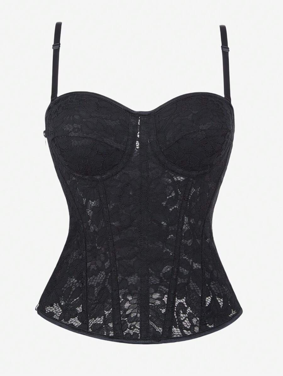 Lace Corset Bodice For Women, Black Lace Mesh Shaping Camisole With Adjustable Spaghetti Straps, Overbust Boned Bustier, Side Zipper