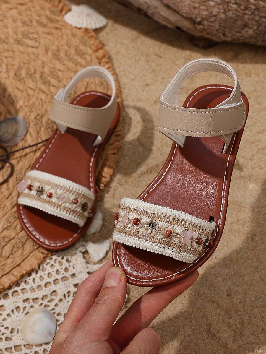 1 Pair Baby/Toddler Girls Beige Flat Sandals, Solid Color PU Strap Strap Hook And Loop Design Open Toe Roman Style Comfortable And Fashion Suitable For 3-12 Years Old Girls Daily, Vacation, Spring/Summer 2025